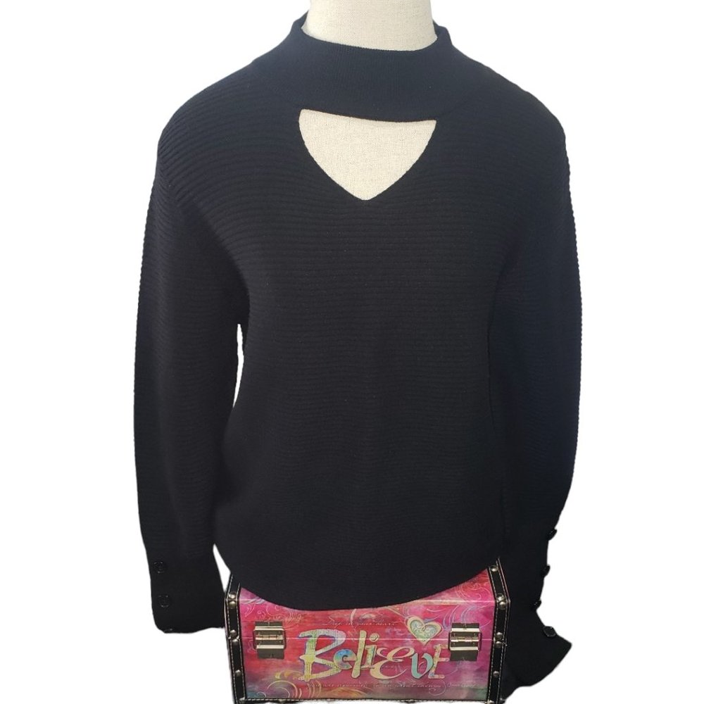 CT800 Ethyl Black Mock Neck Peep Front Long Sleeve Ribbed Sweater M